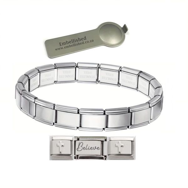 Charm Link Cross Believe Bracelet Silver -9mm