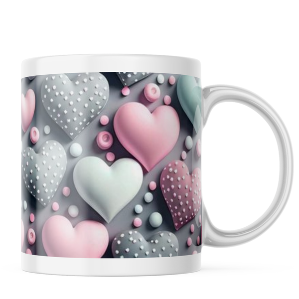 Ceramic 3D Loving Pink and Grey Hearts Mug - White - 11 OZ