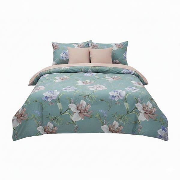 Teal Floral Queen Linen Bedding Set | Quilt Cover, Sheet &amp; PillowCases