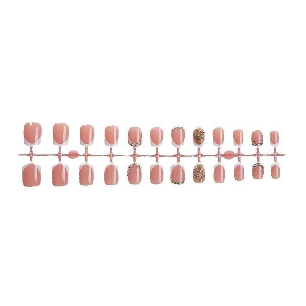 Nude Pink French Tip Press-On Nails with Rhinestones - 24 Pieces