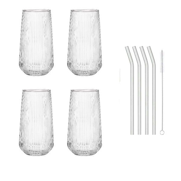 4-Pack 400ml Ribbed Glass Tumbler Set with Reusable Glass Straws - Clear