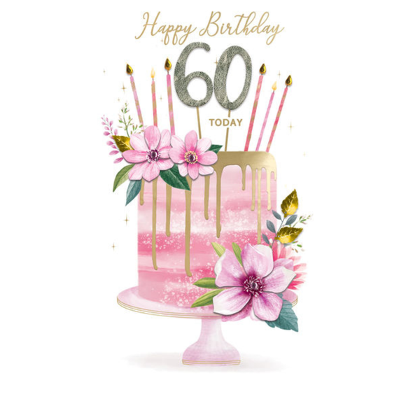 Greeting Card - 60th - Female - Cake with Flowers &amp; Candles
