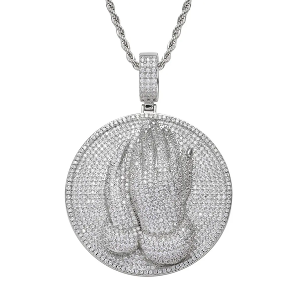 Santo Praying Hands Pendant With Rope Chain Necklace For Men