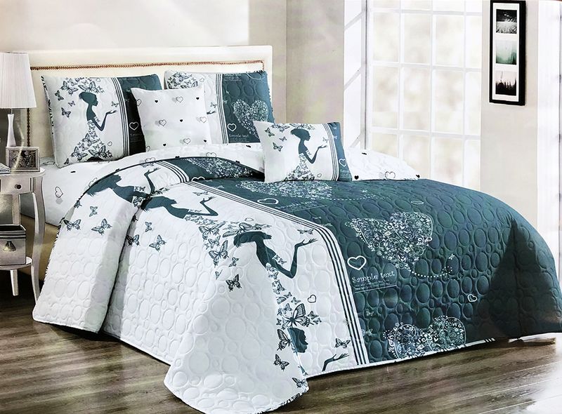 Luxurious Superior Quality 5 Piece Queen Quilt Set- Hoki Blue and White