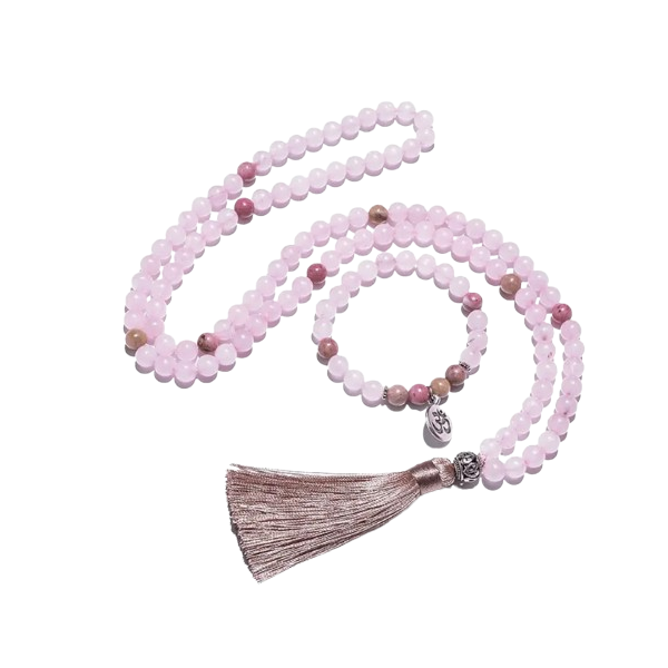8mm Rose Quartz 108 Mala Beaded Necklace Set