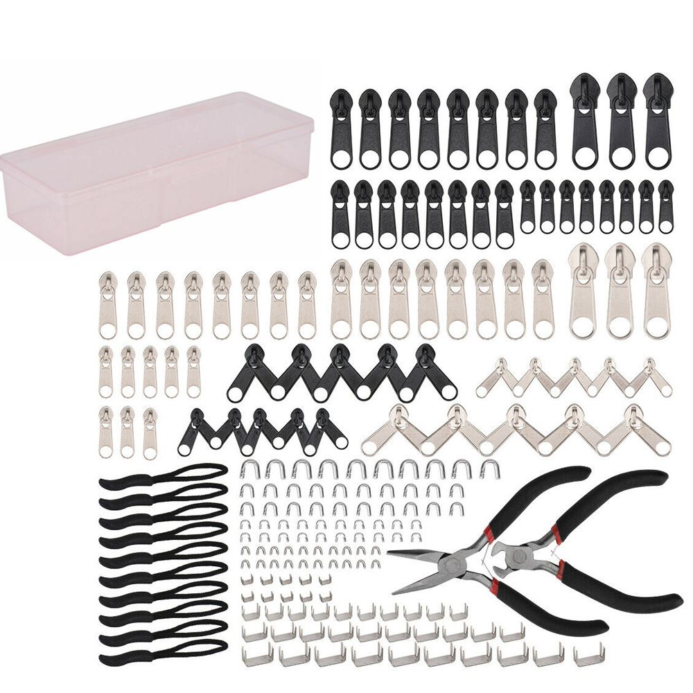 197 Piece Replacement Zip Zipper Heads Repair Kit Metal Zipper