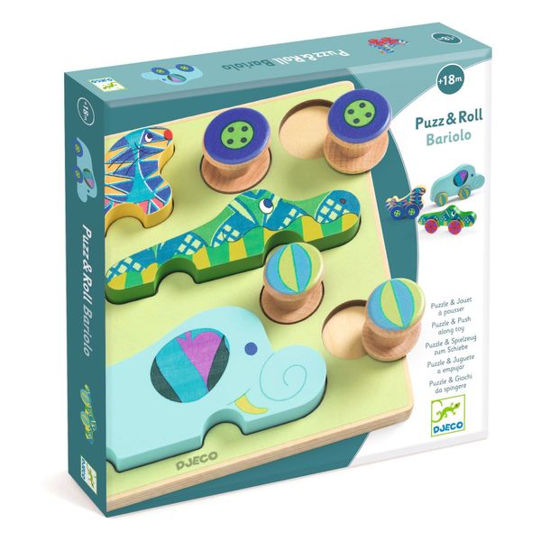Djeco Puzz &amp; Roll 2-in-1 Wooden Puzzle and Rolling Toy - Bariolo