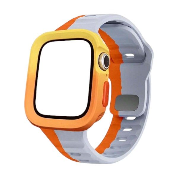 Waterproof Silicone Compatible Apple Watch Strap With Face Cover - Orange &amp; Grey