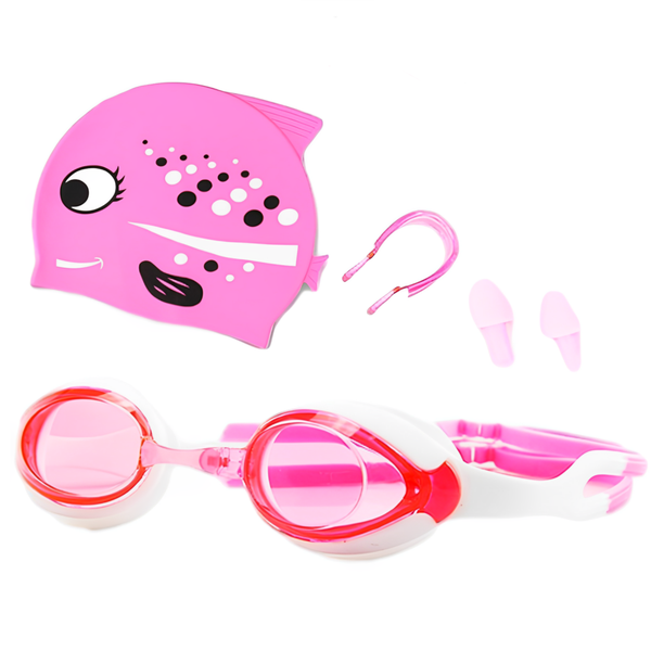 Swimming Goggles Junior with Swimming Hat Ear Plug Nose Clip Set Silicone
