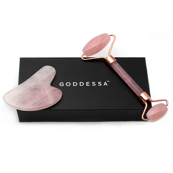 GODDESSA Authentic Rose Quartz Stone Facial Roller With Gua Sha Set