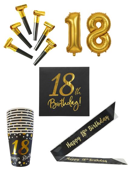 Black &amp; Gold Happy 18th Birthday Party Pack Combo Decorations &amp; Serveware