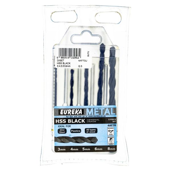 EUREKA DRILL BITS HSS Black 3;4;5;6;8mm SET for Metal 4AF70U