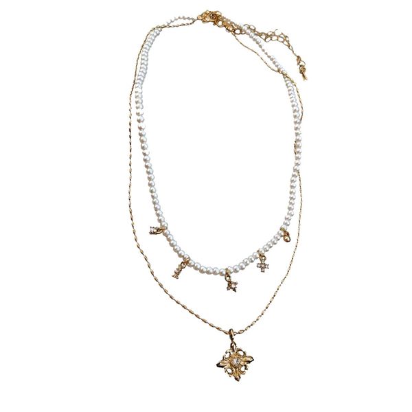 ZELTRYN Iris Flower Necklace with Diamond Studded Pearls