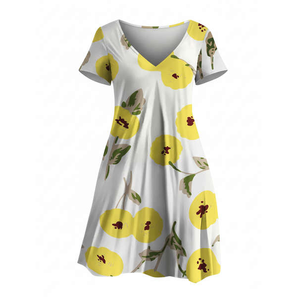 V-neck Loose Short Sleeve Dress - Yellow