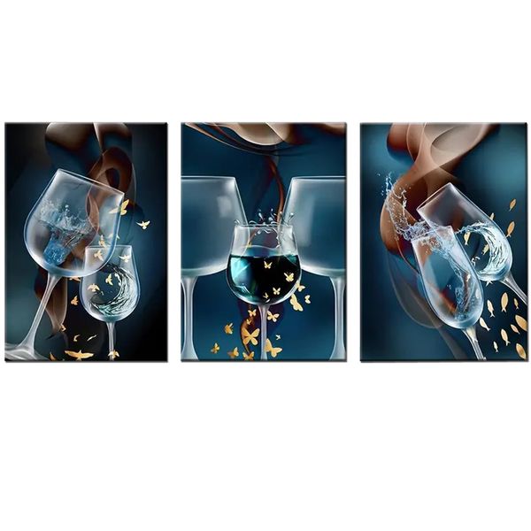 Canvas-Art-3 Pieces Modern Blue Wineglass With Gold Small Animlas Wall Art