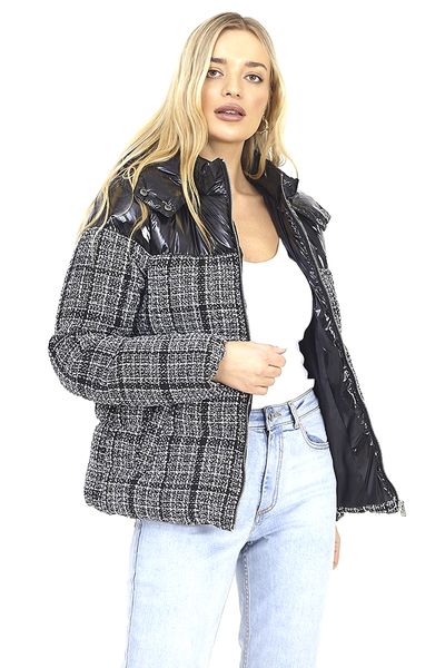 Women Black with Grey/Black/White Check Polyester Regular Puffer