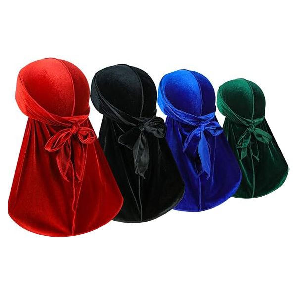4 Pack Long-Tail Velvet Durag Turban Hat,Pagoda Durag Pirate Hat/Shower Cap