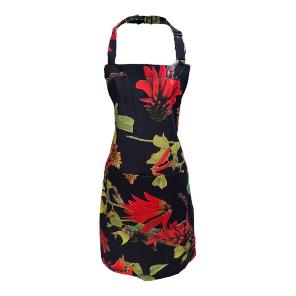 Gift Emporium 100% Cotton Linen Apron - Black with Red Floral Design