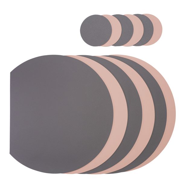 Placemat and Coaster Set - Faux Leather - Pink and Grey