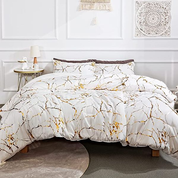 Gold Metallic Marble Comforter Set Full Size Foil Print Glitter Queen Black
