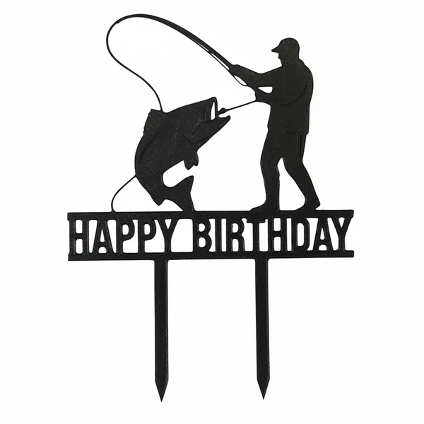 Happy Birthday Fishing Cake Topper - Black (12.5 × 14.5 cm)