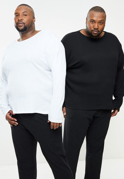 Plus Premium Ribbed Crew Neck Long Sleeve Sleep Top - White&amp;Black