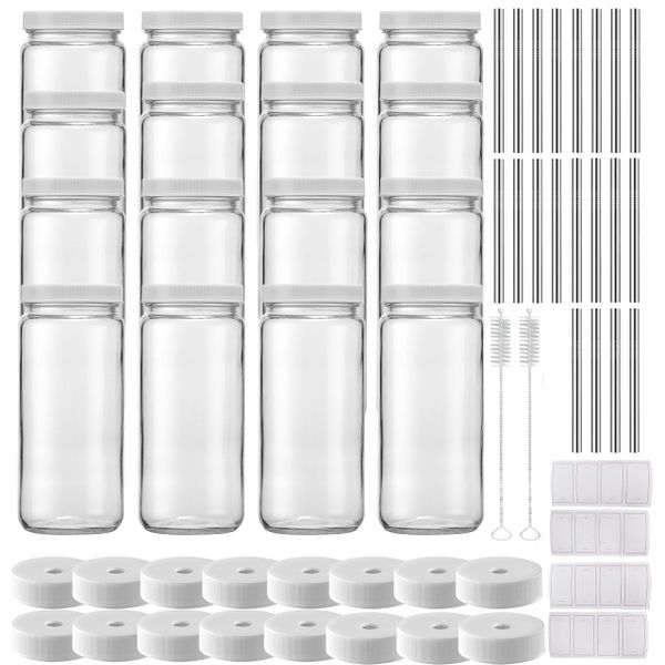 16 Pieces Glass Juicing Bottles with Straws Lids w Hole -Reusable Water Cup