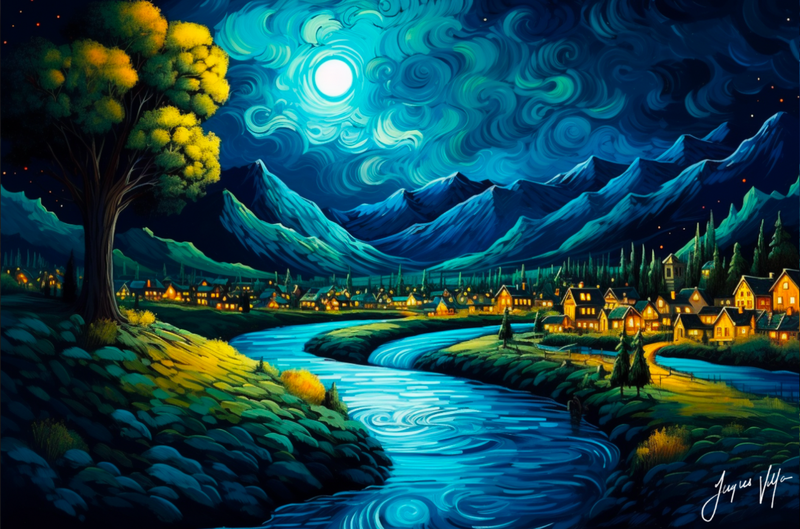 Van Gogh-Ish Village In A Valley Under A Starry Sky Canvas Design
