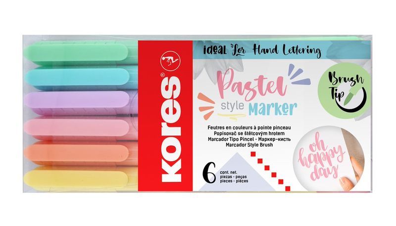 Kores Brush Tip Markers, Assorted Pastel Colours, Wallet of 6