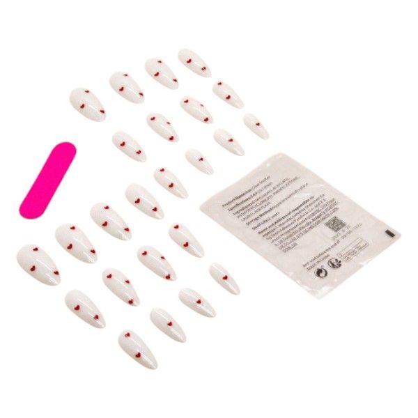 24 Piece - Almond-Shaped Red Heart Pattern Press-On Nails - White