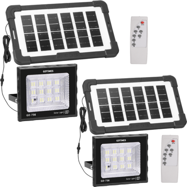 2 Pack 100W LED Solar Flood Light With Remote &amp; IP67 Waterproof