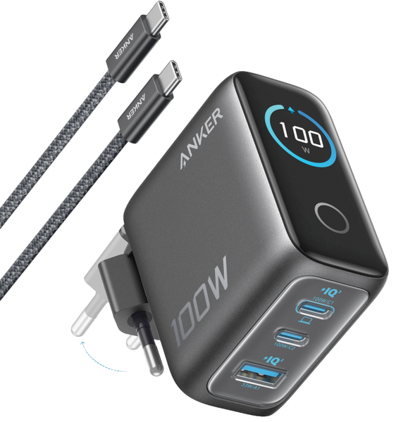 Anker 3 Port 100W GaN Laptop &amp; Smartphone Charger With USB-C Cable - Black
