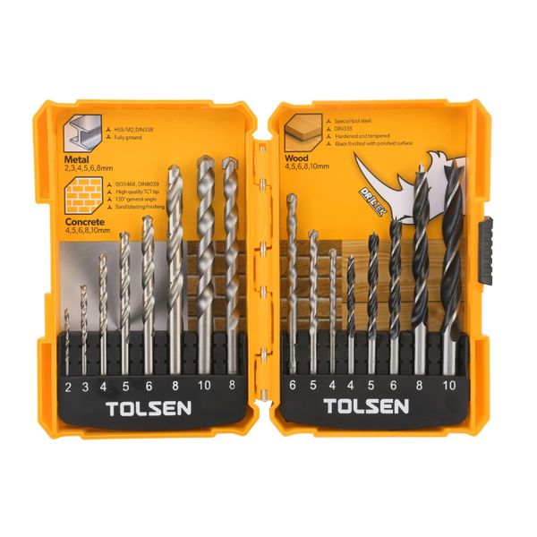 Tolsen - Drill Set Combo (6 x HSS, 5 x Brad,5 x Masonry)