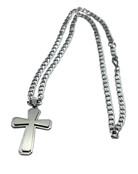 Stainless Steel Stepped Plain Cross With Heavy Curb Link Chain