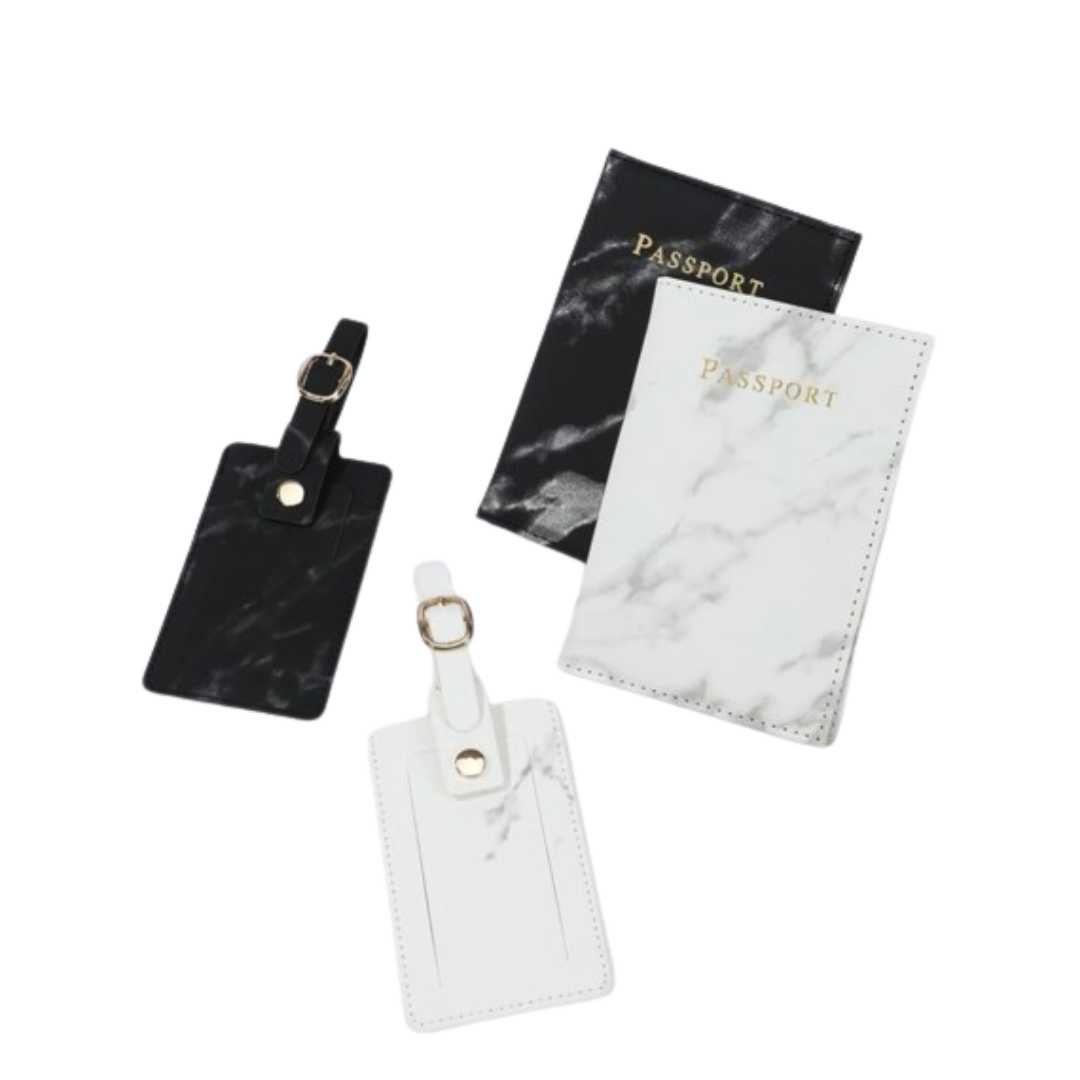 2 Piece Marble Passport Cover Cases & 2pcs Luggage Bag Tag Set