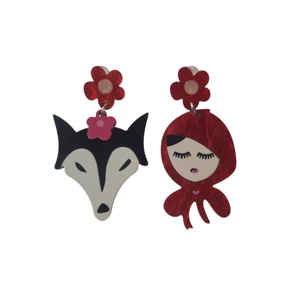 Red Riding Hood &amp; the Wolf mismatched earrings