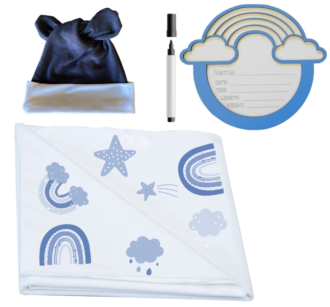 Swaddle, Newborn Beanie &amp; Birth Announcement -Rainbow Blue