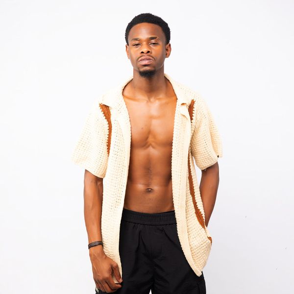 Men's Men's Crochet Open Shirt - Beige Short Sleeve Knit