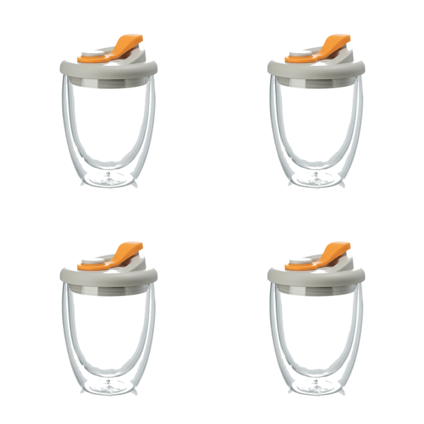 Glass Double-Layer Cup With Lid 350ml - Orange/Transparent - 4 Pack