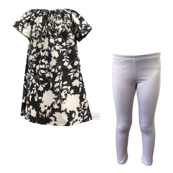Kids- Girls Gathered Peasant Neck-Top&amp;Capri Legging -Black Floral