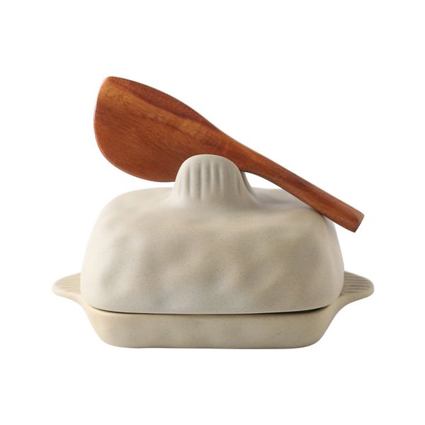 Handmade Ceramic Butter Dish for Home Kitchen, with Lid and Wooden Spreader