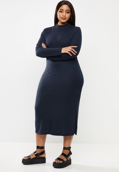 Women's Glamorous Plus bodycon turtle neck midi with slit - navy