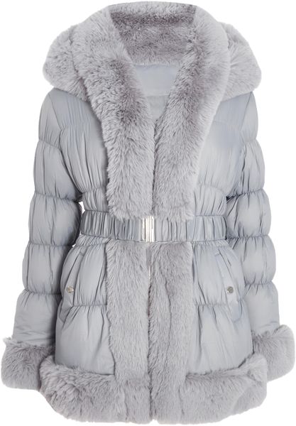 Quiz - Women Grey Padded Faux Fur Trim Jacket