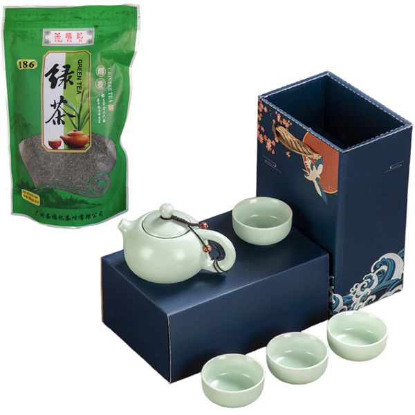 Green Tea Leaves + 5 Piece Tea Set - Fine China Kungfu Mini Tea Pot + Gift Box