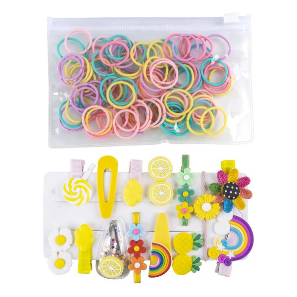 Girls Hair Clips/Pins Set - 13 Pieces Clips and 90 Pieces Elastic Hair Bands - Yellow