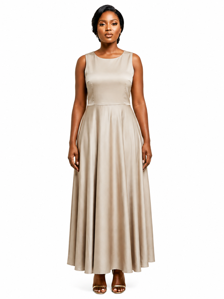 Champaign Sleeveless Maxi Dress - Round Neck Flowy Dress-Nude