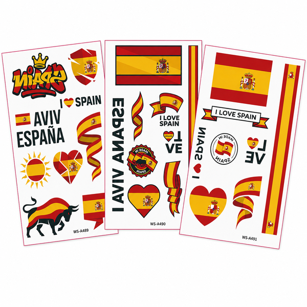 Spain Fan Body Sticker Set - 3 Temporary Tattoo Sheets