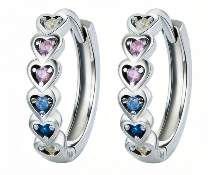 Heart-Shaped Cubic Hoop Earrings, Silver Plated Copper, Multi-Coloured