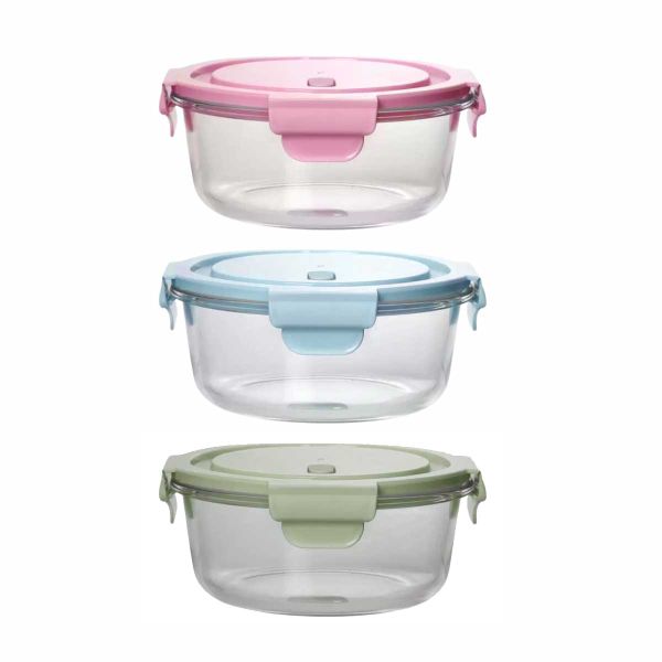 Set of 3 Round Glass Food Storage Containers with Leak-Proof Lids - 950ml