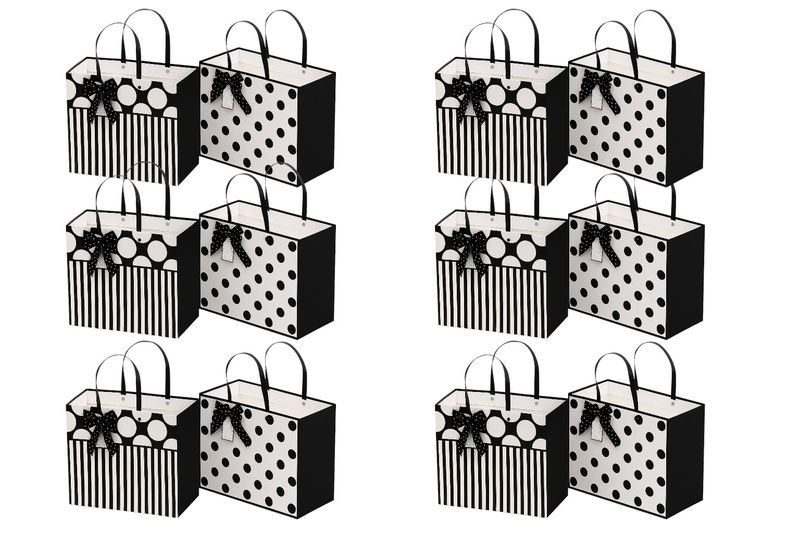 x12-Piece Black &amp; White Formal with Ribbon Design Gift Bags Set.